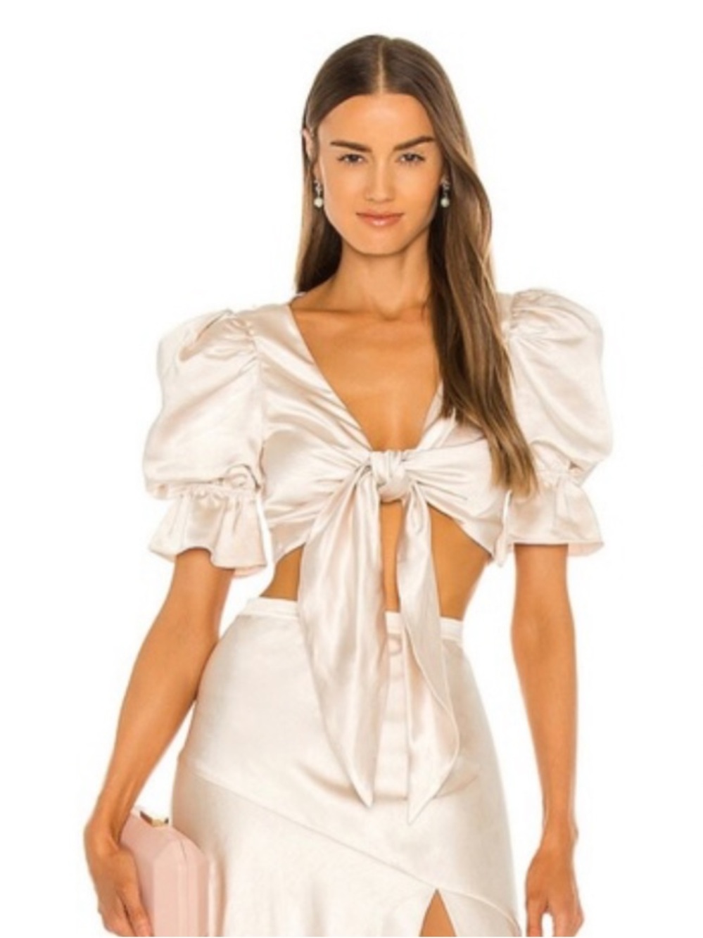 REVOLVE LPA Tie-Front Puff Sleeve Satin Crop Top in Cream